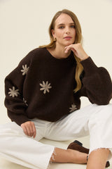 Miru Stitch Flower Jumper - Chocolate