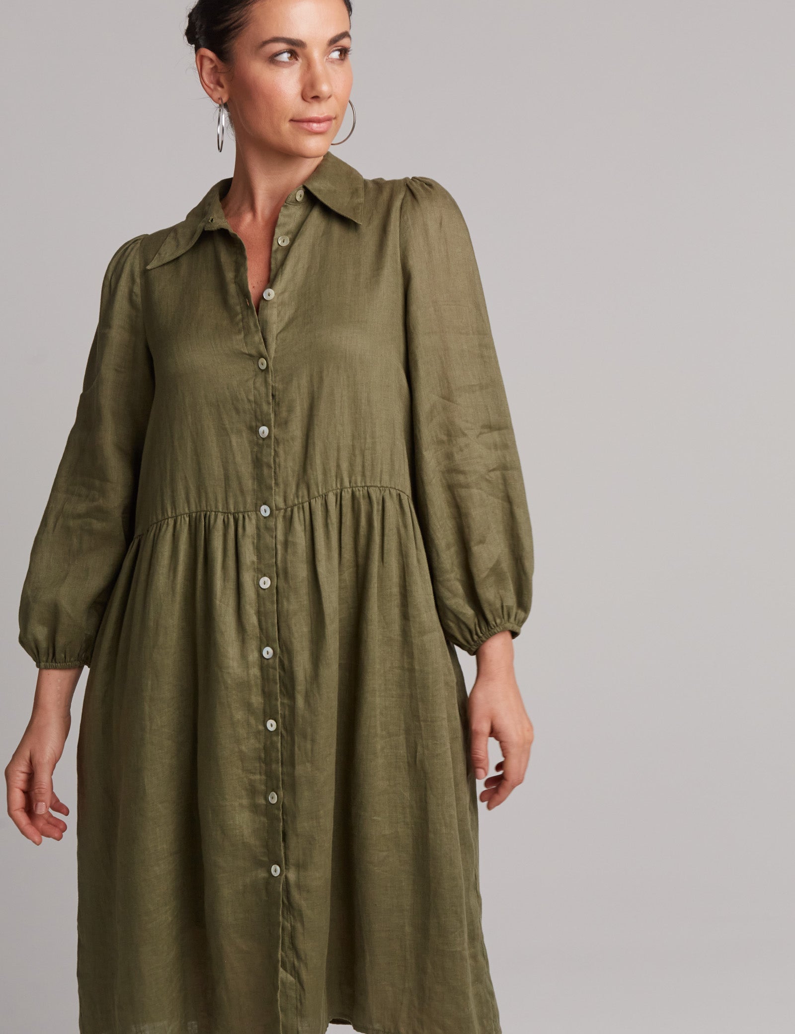 Studio Midi Shirt Dress - Khaki - eb&ive Clothing - Dress Mid Linen