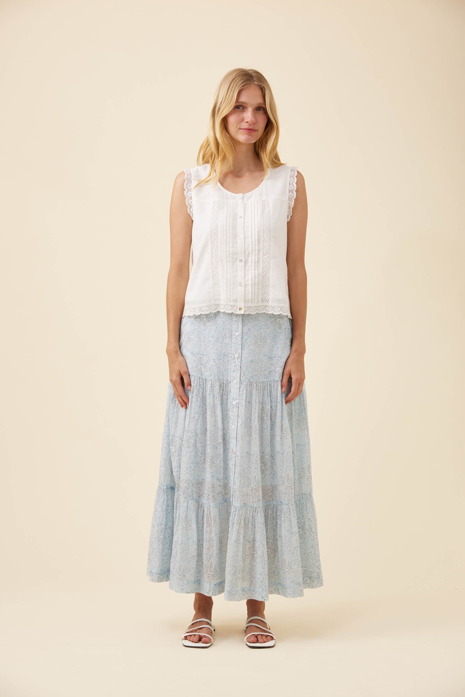 Frances Button Tank - White