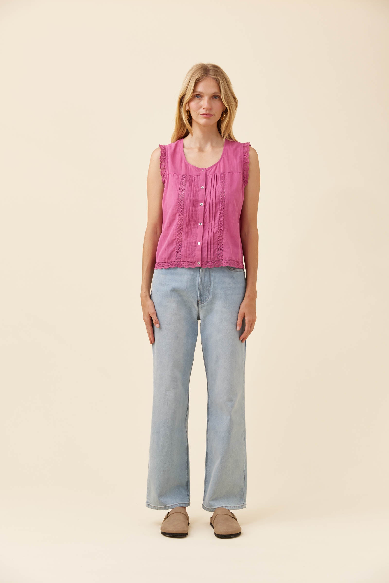 Frances Button Tank - Magenta