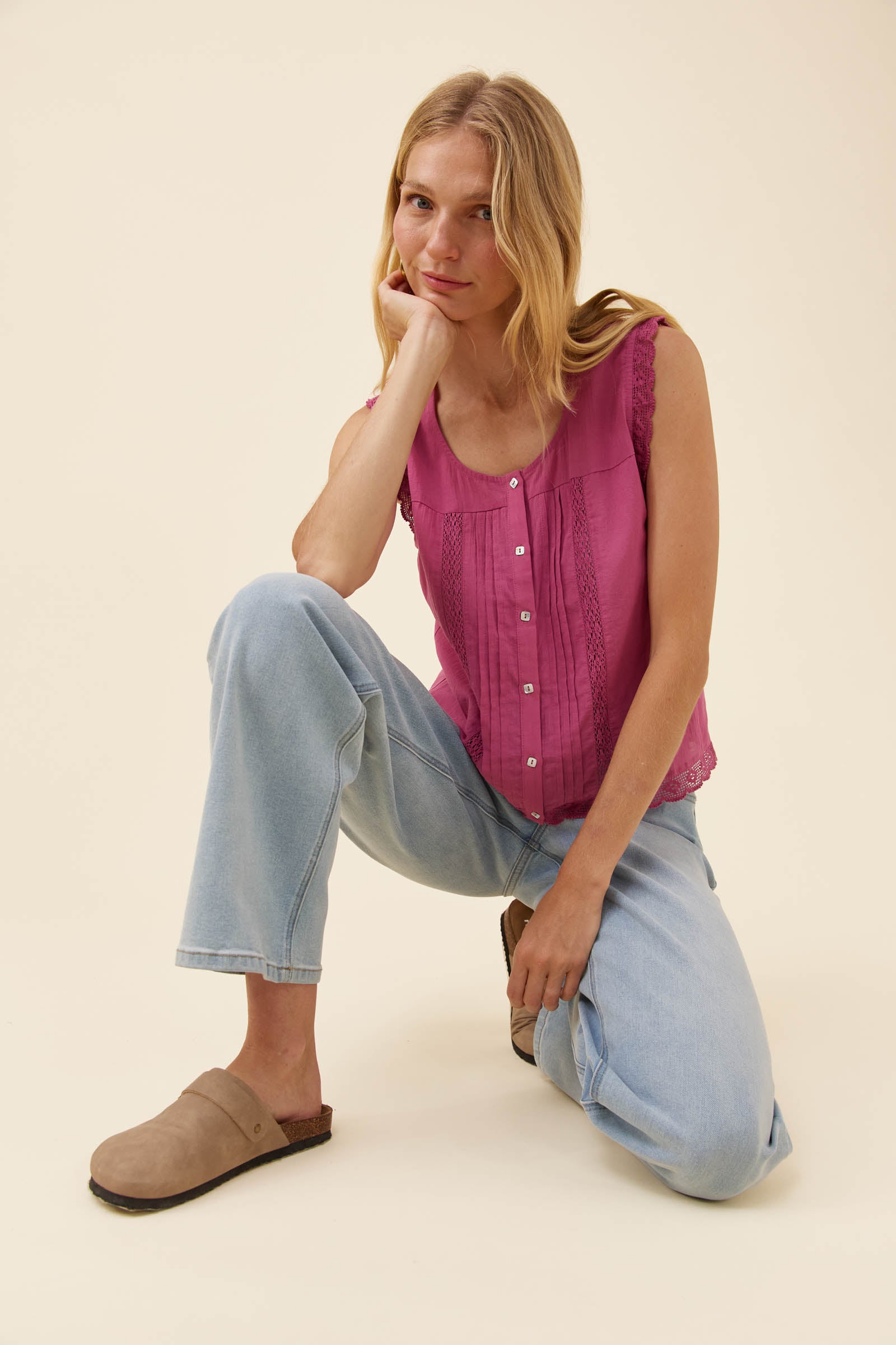 Frances Button Tank - Magenta