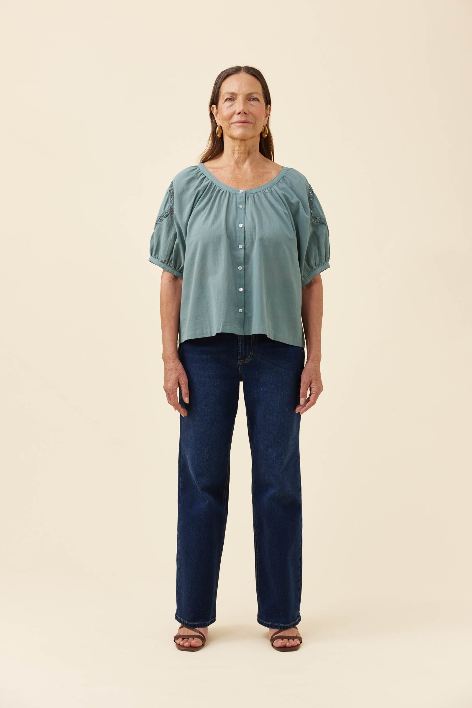 Frances Button Top - Soft Teal