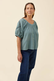 Frances Button Top - Soft Teal