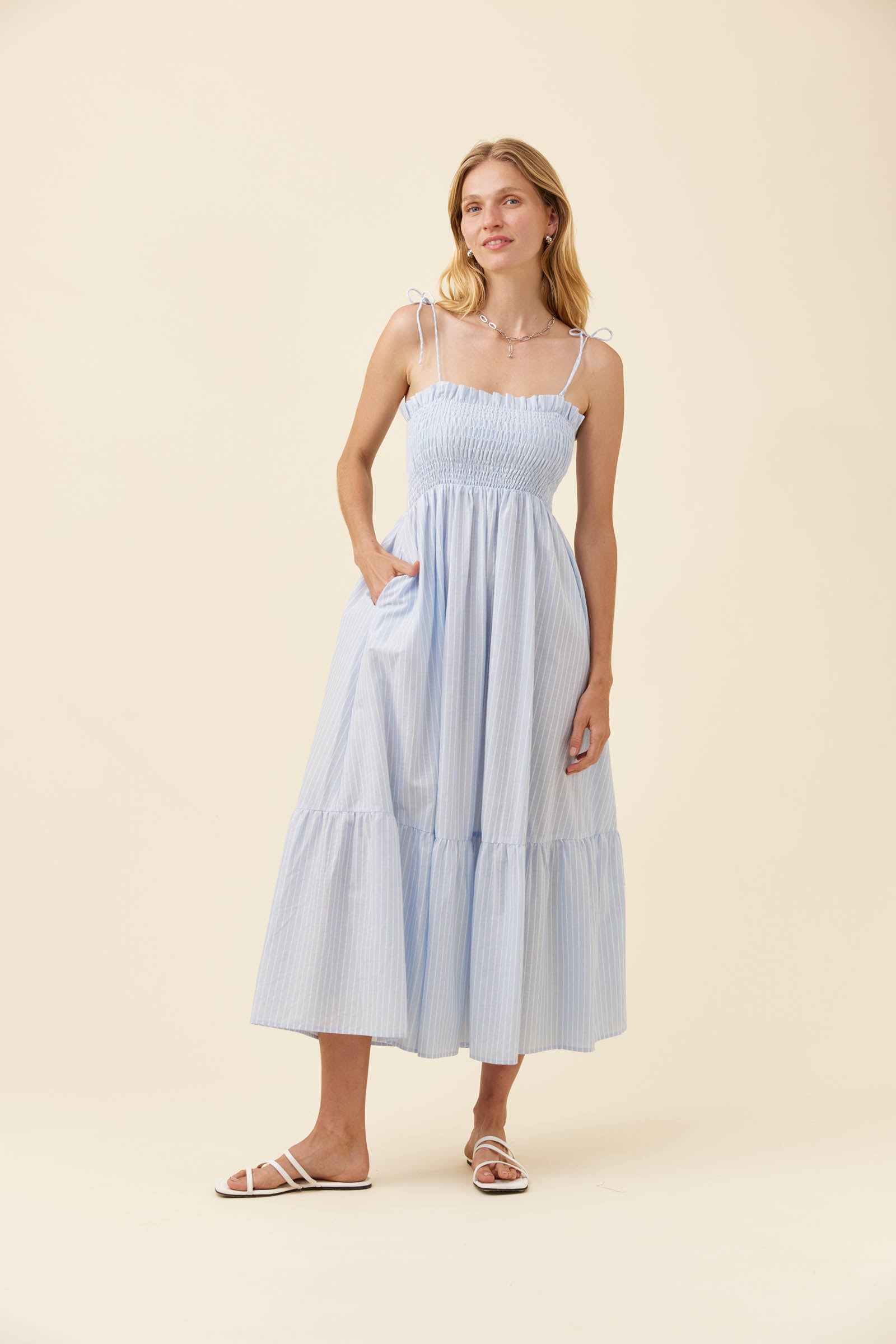 Lyndell Shirred Maxi Dress - Light Blue
