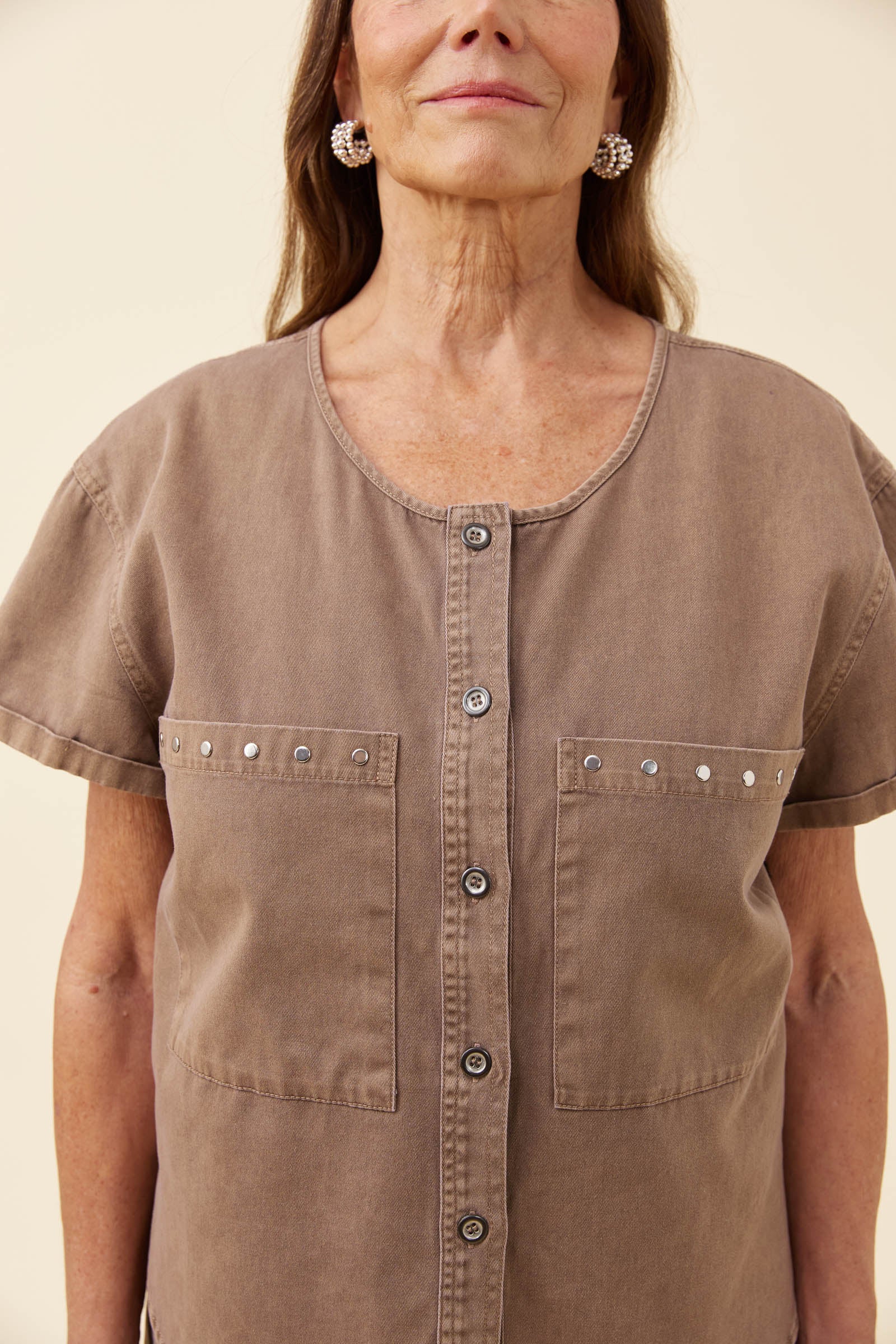 Preston Button Top - Taupe