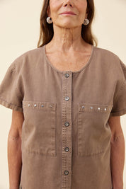 Preston Button Top - Taupe