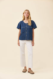 Preston Button Top - Deep Blue