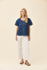 Preston Button Top - Deep Blue