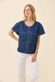 Preston Button Top - Deep Blue