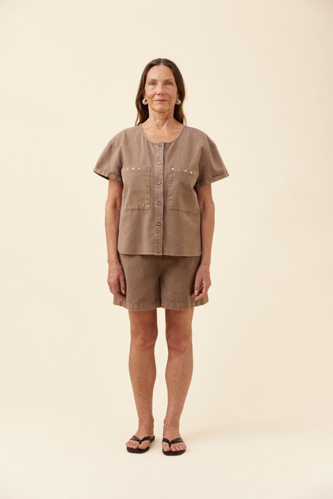 Preston Button Top - Taupe