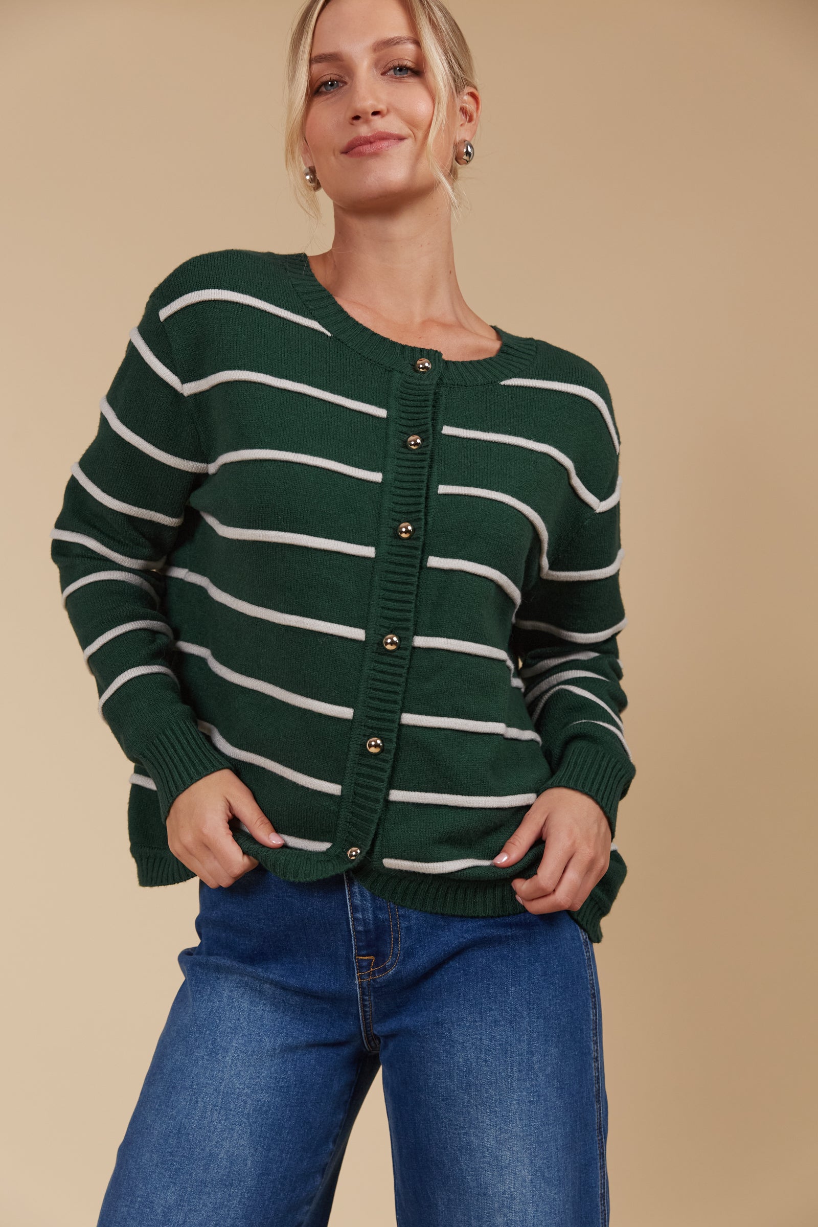 Juno Stripe Jumper/Cardigan - Pine