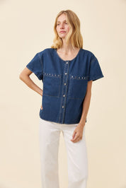 Preston Button Top - Deep Blue