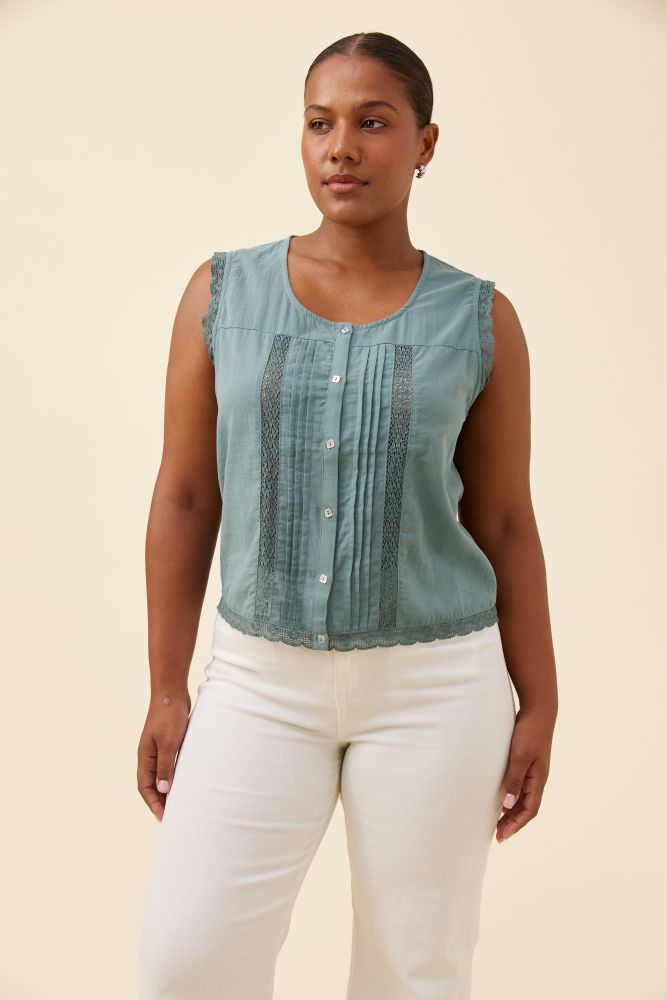 Frances Button Tank - Soft Teal
