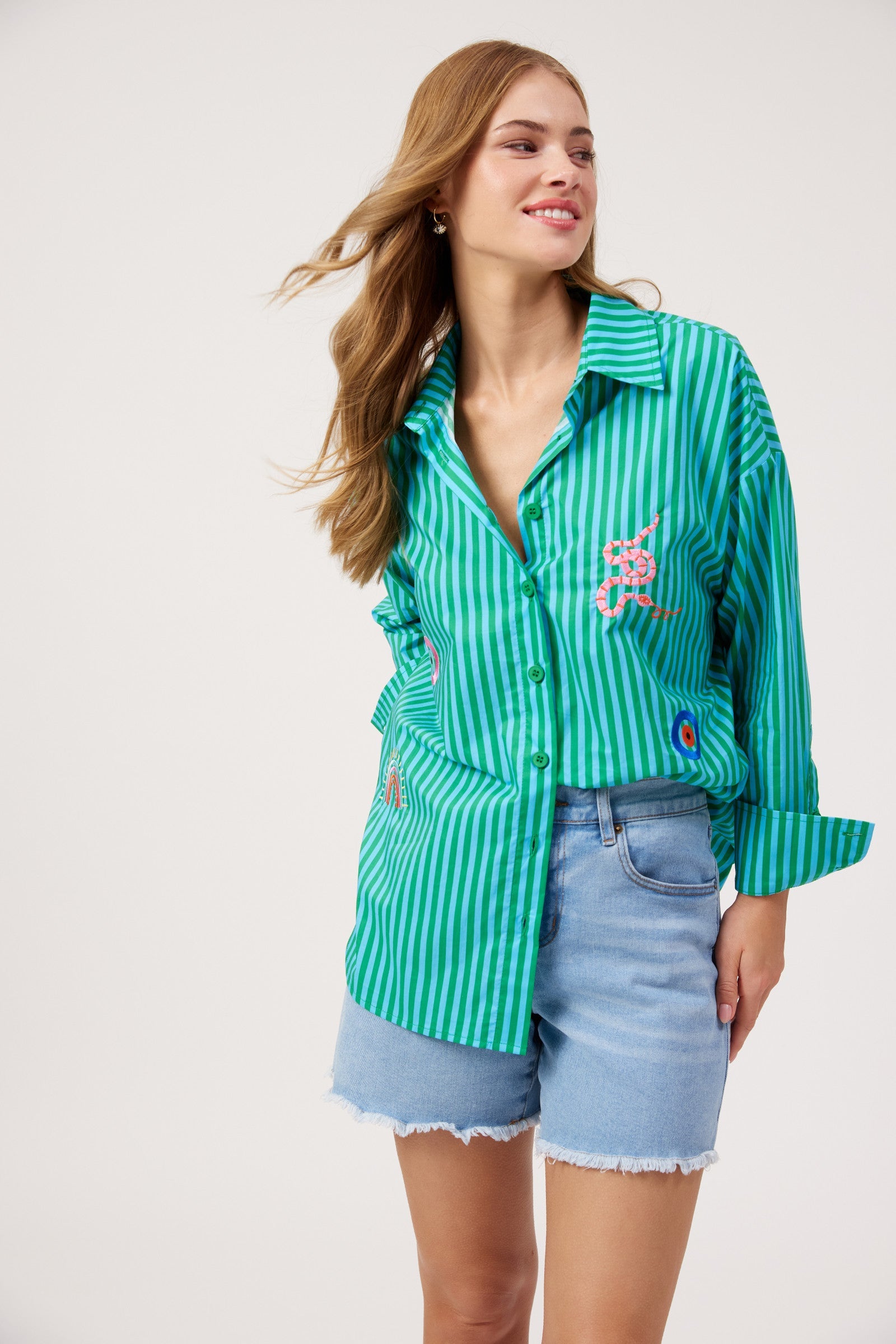 Mykonos Embroidered Stripe Shirt - Green