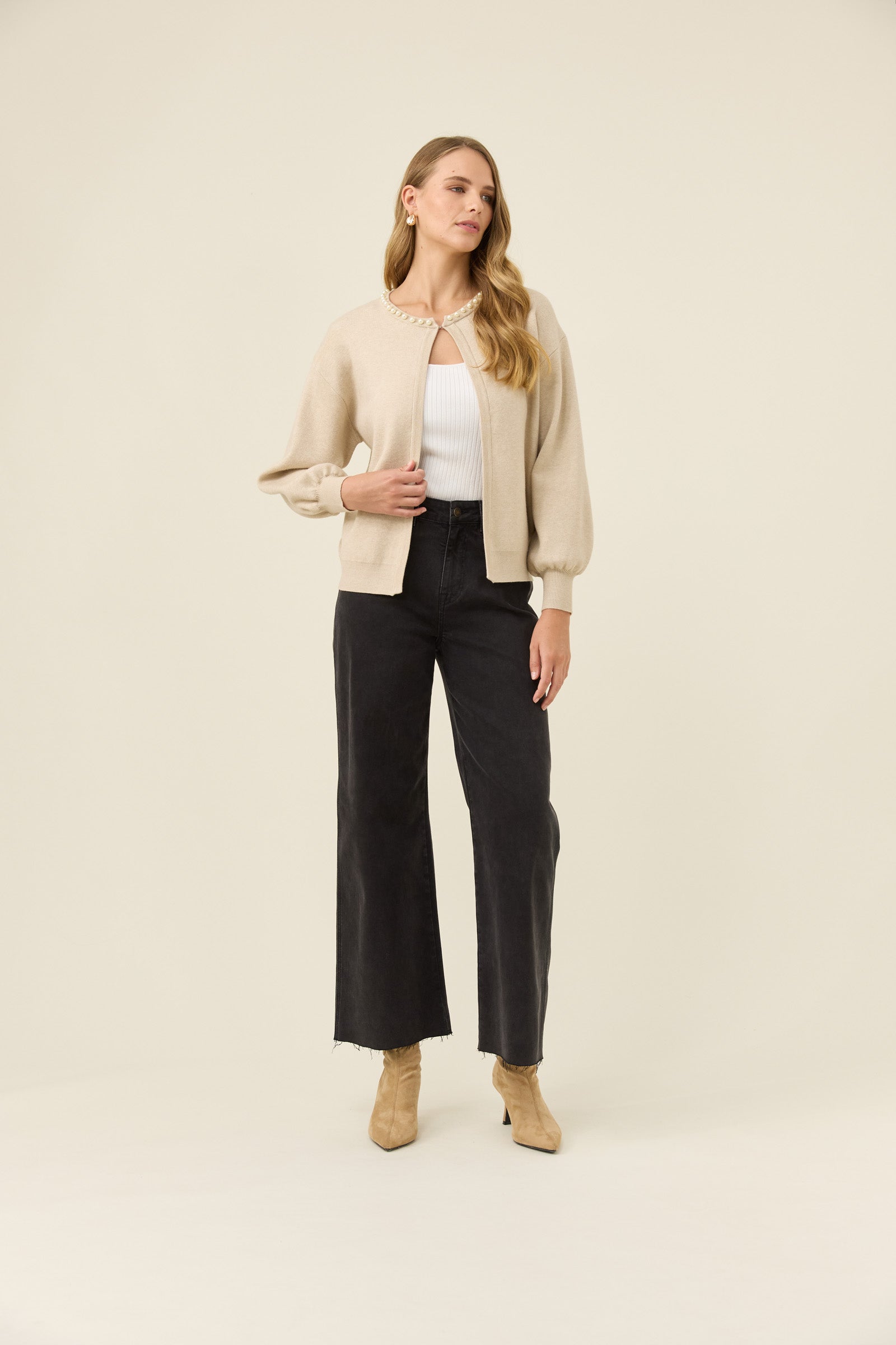 Nell Pearl Cardigan - Stone