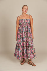 Remi Shirred Maxi - Olive Fleuron