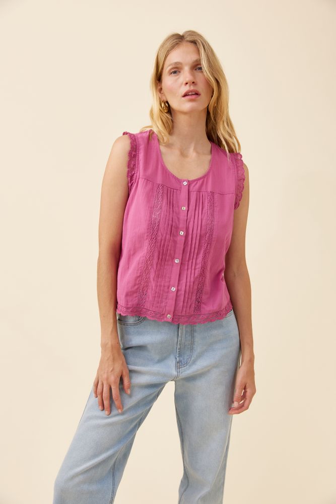 Frances Button Tank - Magenta